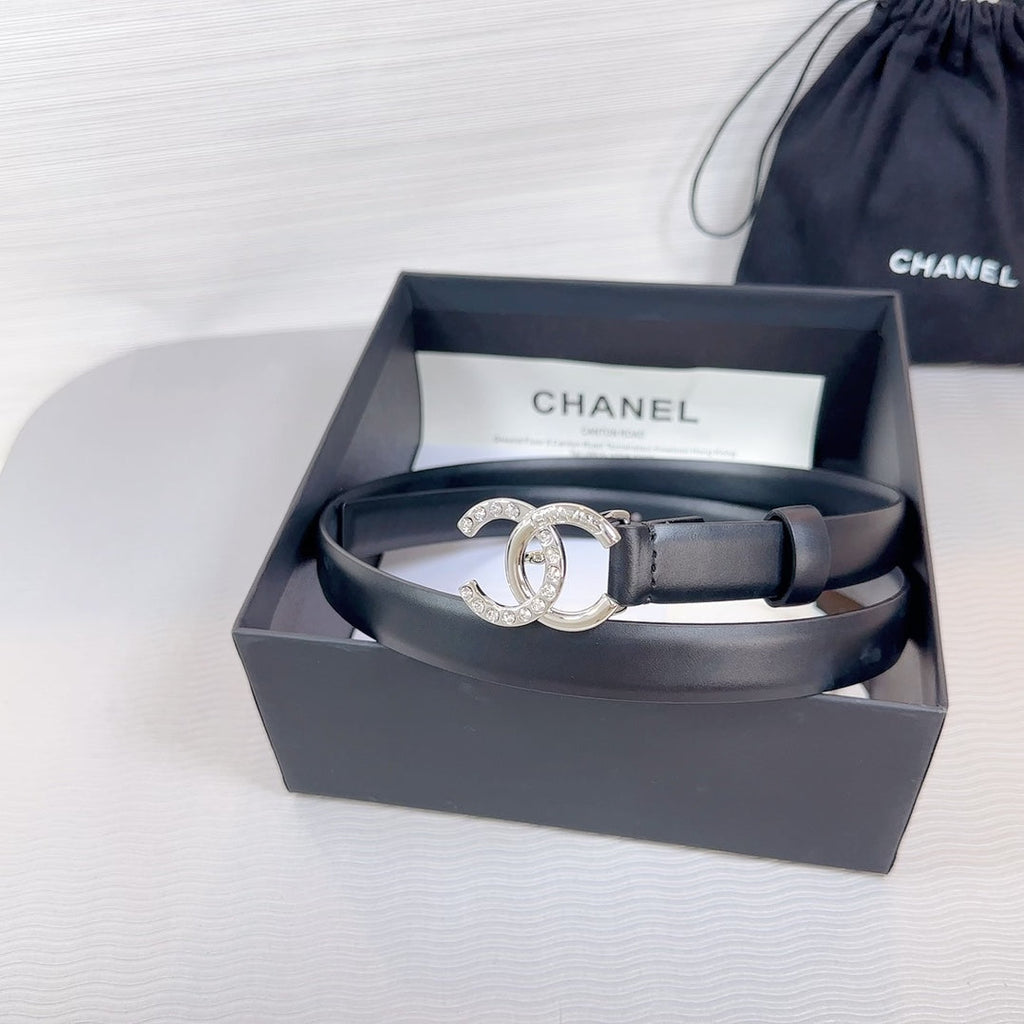 CC BELT 20 MM IN BLACK SMOOTH CALFSKIN SILVER HARDWARE ATTACH RHINSTONE
