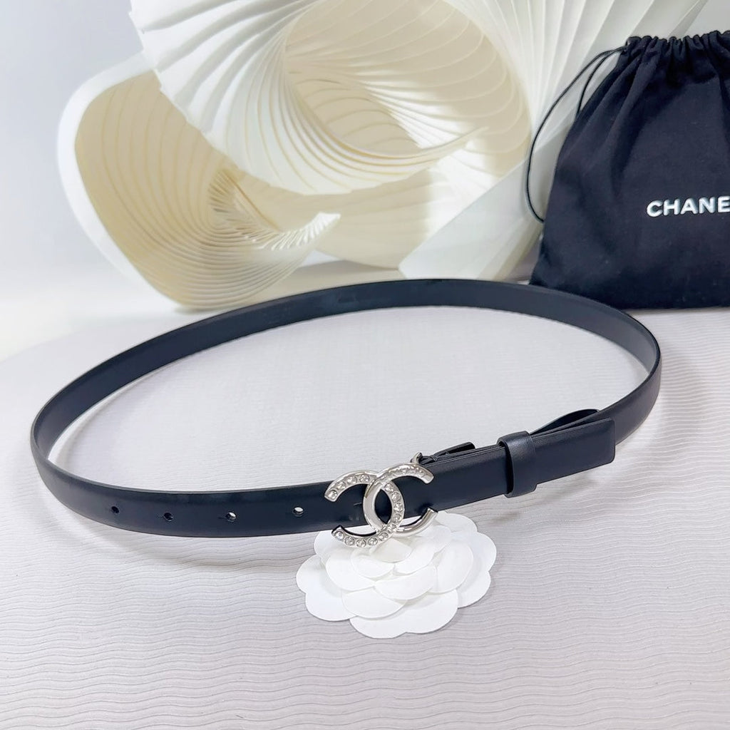 CC BELT 20 MM IN BLACK SMOOTH CALFSKIN SILVER HARDWARE ATTACH RHINSTONE