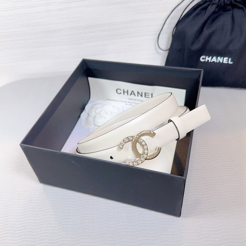 CC BELT 20 MM IN BEIGE CREAM SMOOTH CALFSKIN GOLD HARDWARE ATTACH RHINSTONE