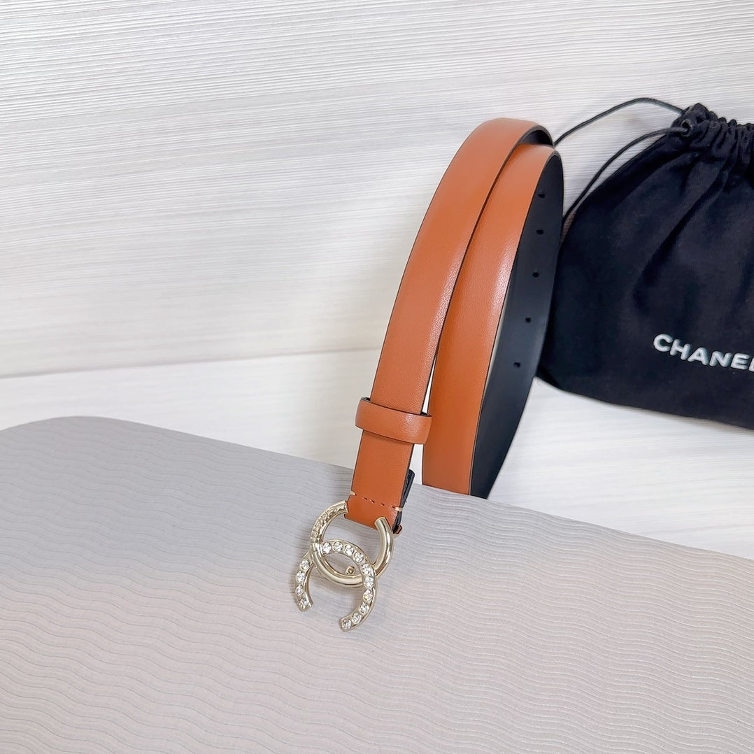 CC BELT 20 MM IN BRONZE BROWN SMOOTH CALFSKIN GOLD HARDWARE ATTACH RHINSTONE