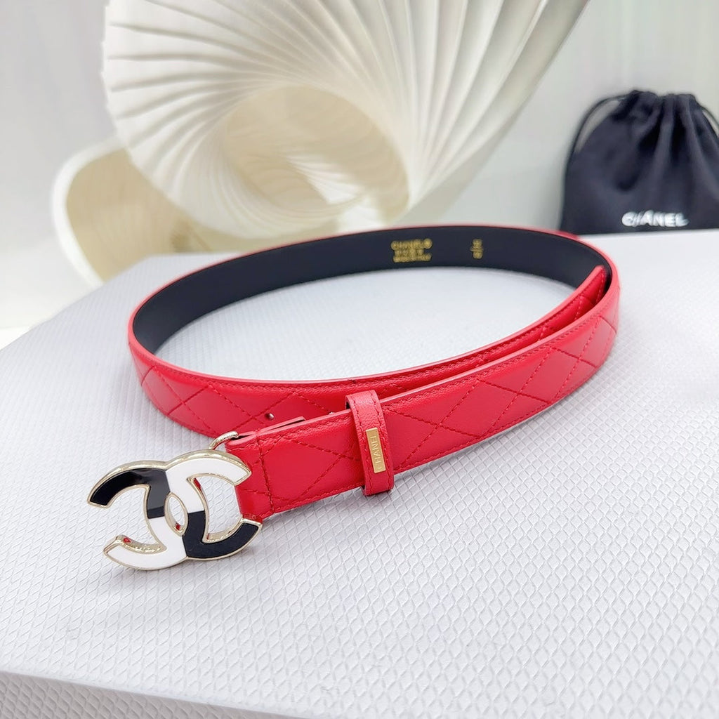 CC BELT 30 MM CHERRY RED CALFSKIN WITH BLACK MIX WHITE LOGO