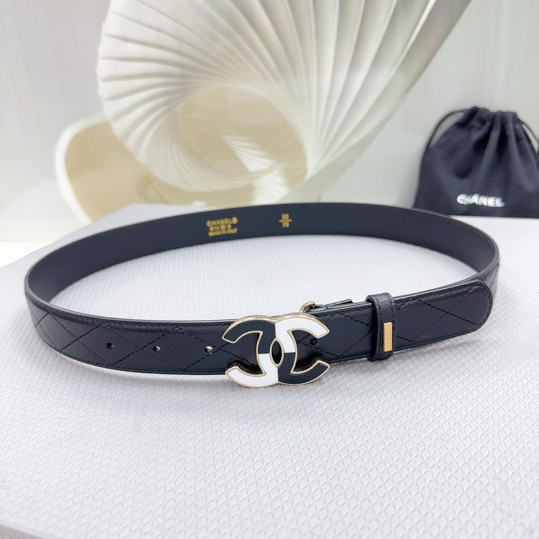 CC BELT 30 MM BLACK CALFSKIN WITH BLACK MIX WHITE LOGO