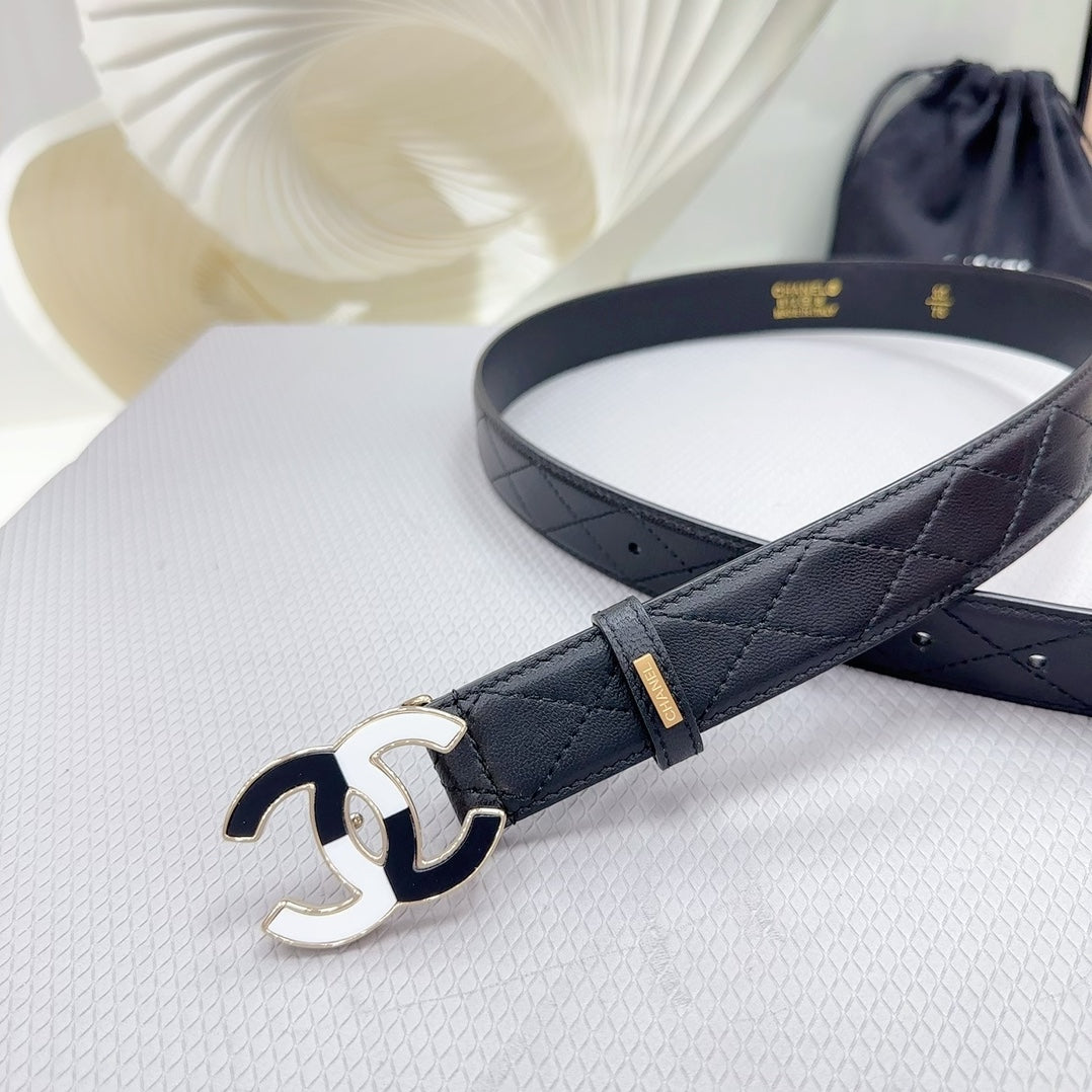 CC BELT 30 MM BLACK CALFSKIN WITH BLACK MIX WHITE LOGO
