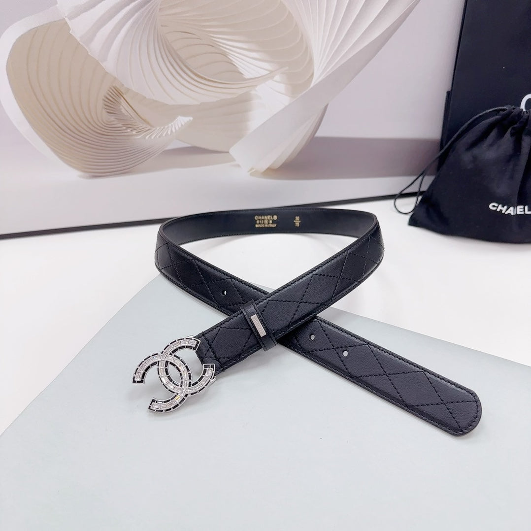 CC 30MM BELT IN BLACK EMBROIDERED CALFSKIN SILVER HARDWARE