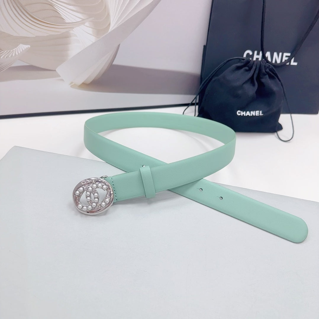 CC 30MM BELT IN GREEN MINT CALFSKIN SILVER HARDWARE ATTACH PEARLS