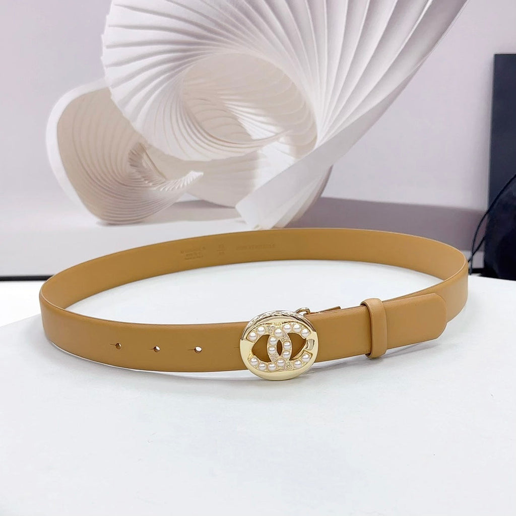 CC 30MM BELT IN CAMEL BEIGE CALFSKIN SILVER HARDWARE ATTACH PEARLS