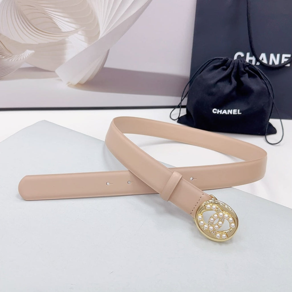 CC 30MM BELT IN NUDE BEIGE CALFSKIN GOLD HARDWARE ATTACH PEARLS