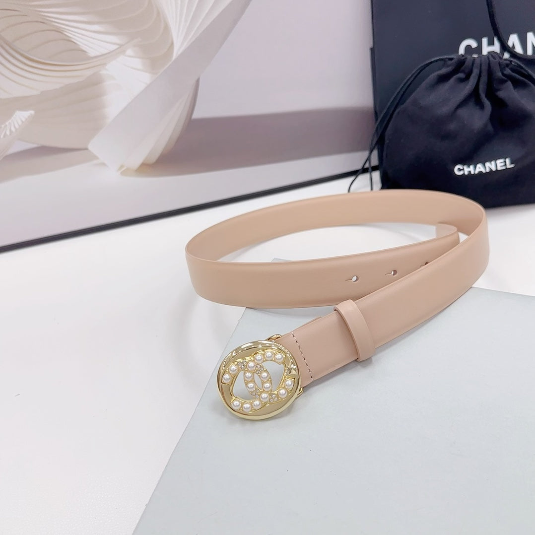 CC 30MM BELT IN NUDE BEIGE CALFSKIN GOLD HARDWARE ATTACH PEARLS