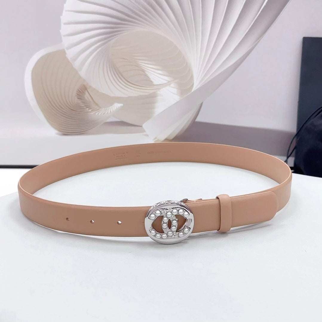 CC 30MM BELT IN DESERT SAND CALFSKIN SILVER HARDWARE ATTACH PEARLS