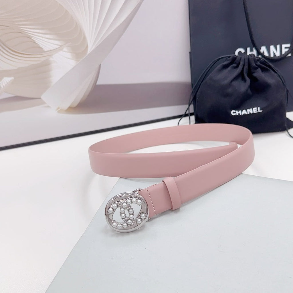 CC 30MM BELT IN FLAMINGO PINK CALFSKIN SILVER HARDWARE ATTACH PEARLS