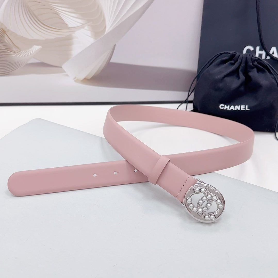 CC 30MM BELT IN FLAMINGO PINK CALFSKIN SILVER HARDWARE ATTACH PEARLS