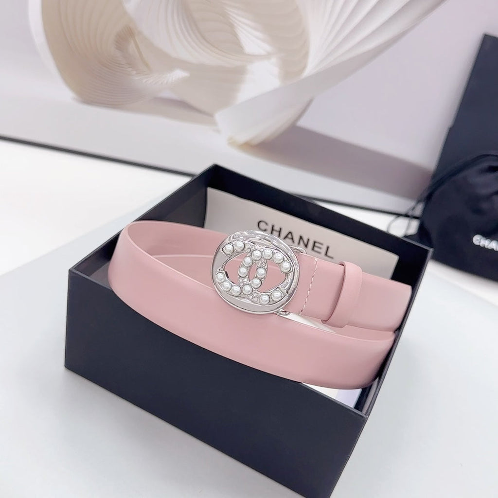 CC 30MM BELT IN FLAMINGO PINK CALFSKIN SILVER HARDWARE ATTACH PEARLS
