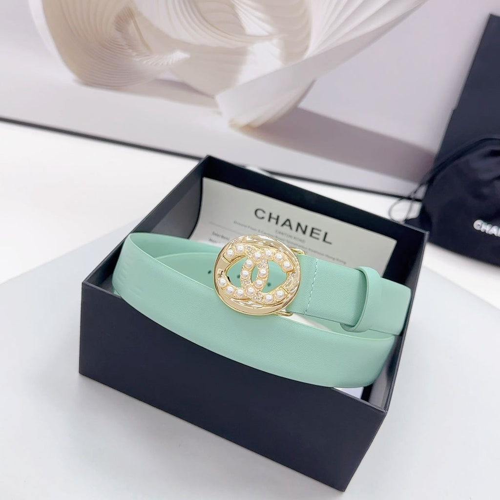 CC 30MM BELT IN GREEN MINT CALFSKIN GOLD HARDWARE ATTACH PEARLS