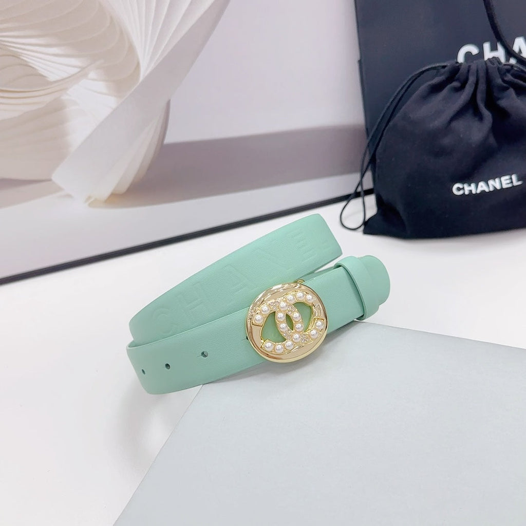 CC 30MM BELT IN GREEN MINT CALFSKIN GOLD HARDWARE ATTACH PEARLS
