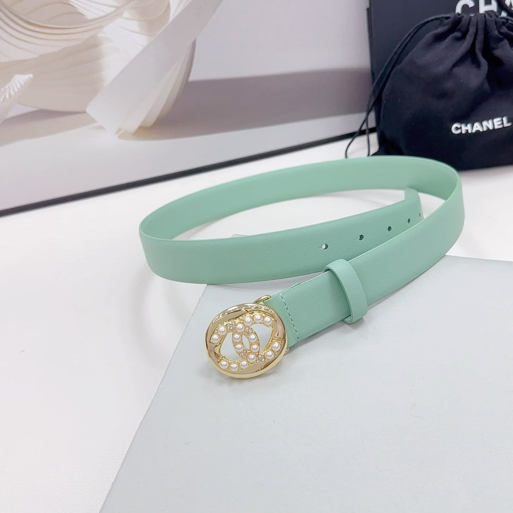 CC 30MM BELT IN GREEN MINT CALFSKIN GOLD HARDWARE ATTACH PEARLS