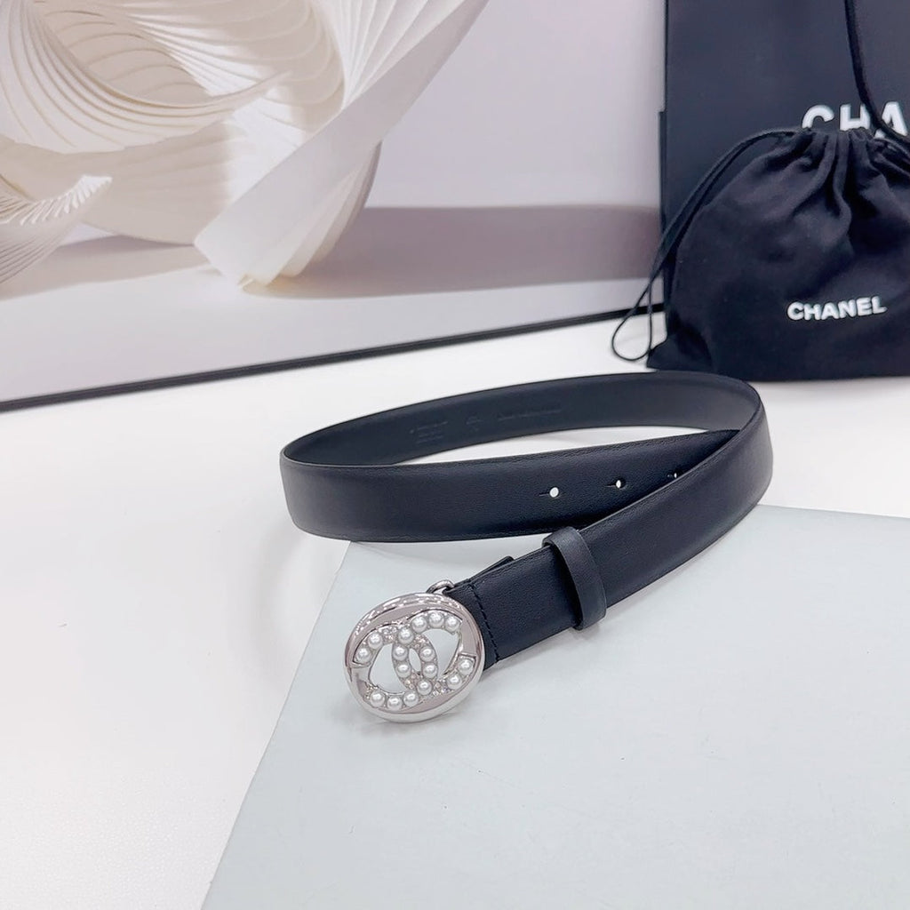 CC 30MM BELT IN BLACK CALFSKIN SILVER HARDWARE ATTACH PEARLS