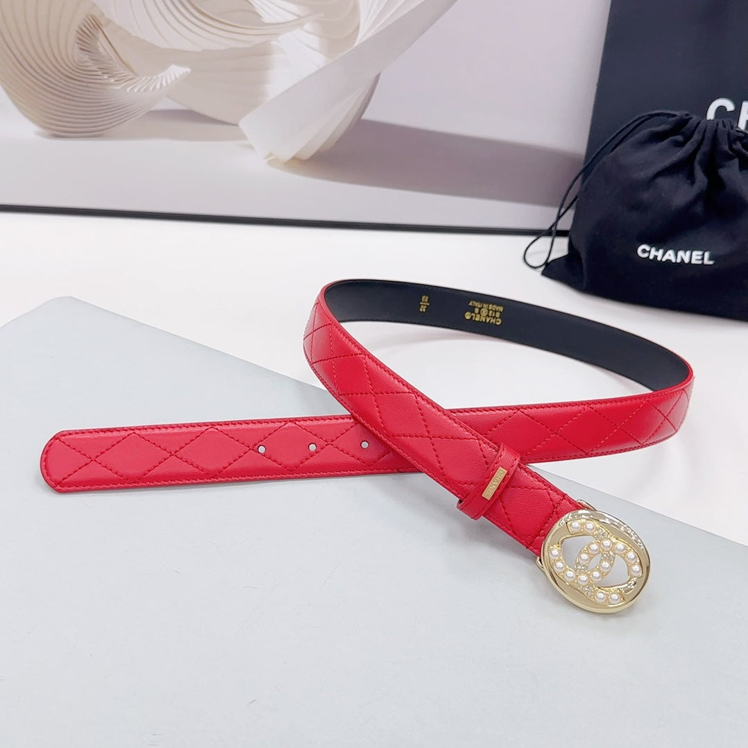 CC 30MM BELT IN CHERRY RED CALFSKIN GOLD HARDWARE ATTACH PEARLS