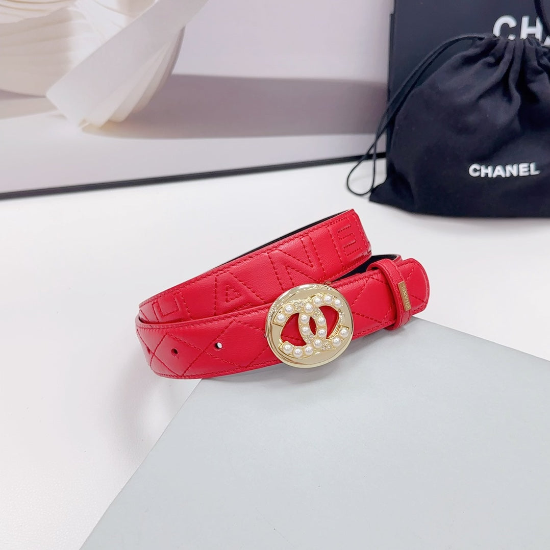 CC 30MM BELT IN CHERRY RED CALFSKIN GOLD HARDWARE ATTACH PEARLS