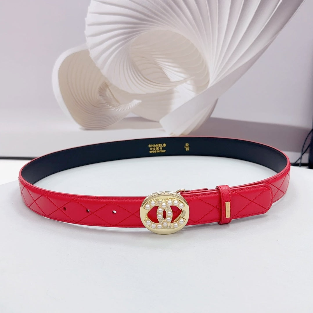 CC 30MM BELT IN CHERRY RED CALFSKIN GOLD HARDWARE ATTACH PEARLS