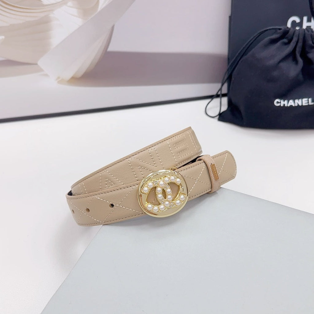 CC 30MM BELT IN CAMEL BROWN CALFSKIN GOLD HARDWARE ATTACH PEARLS