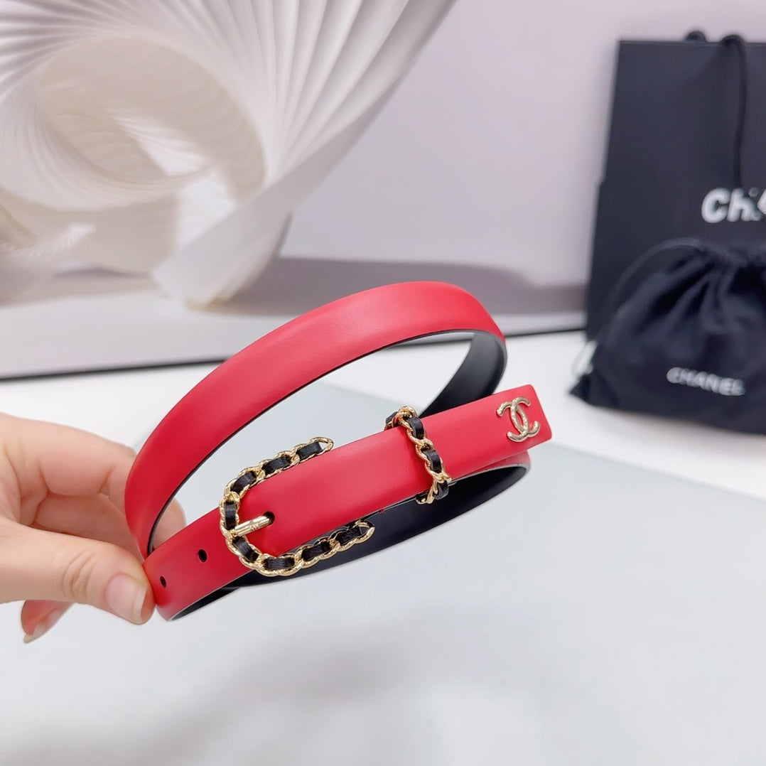 CC BELT 20 MM IN CHERRY RED MIX BLACK CALFSKIN GOLD HARDWARE