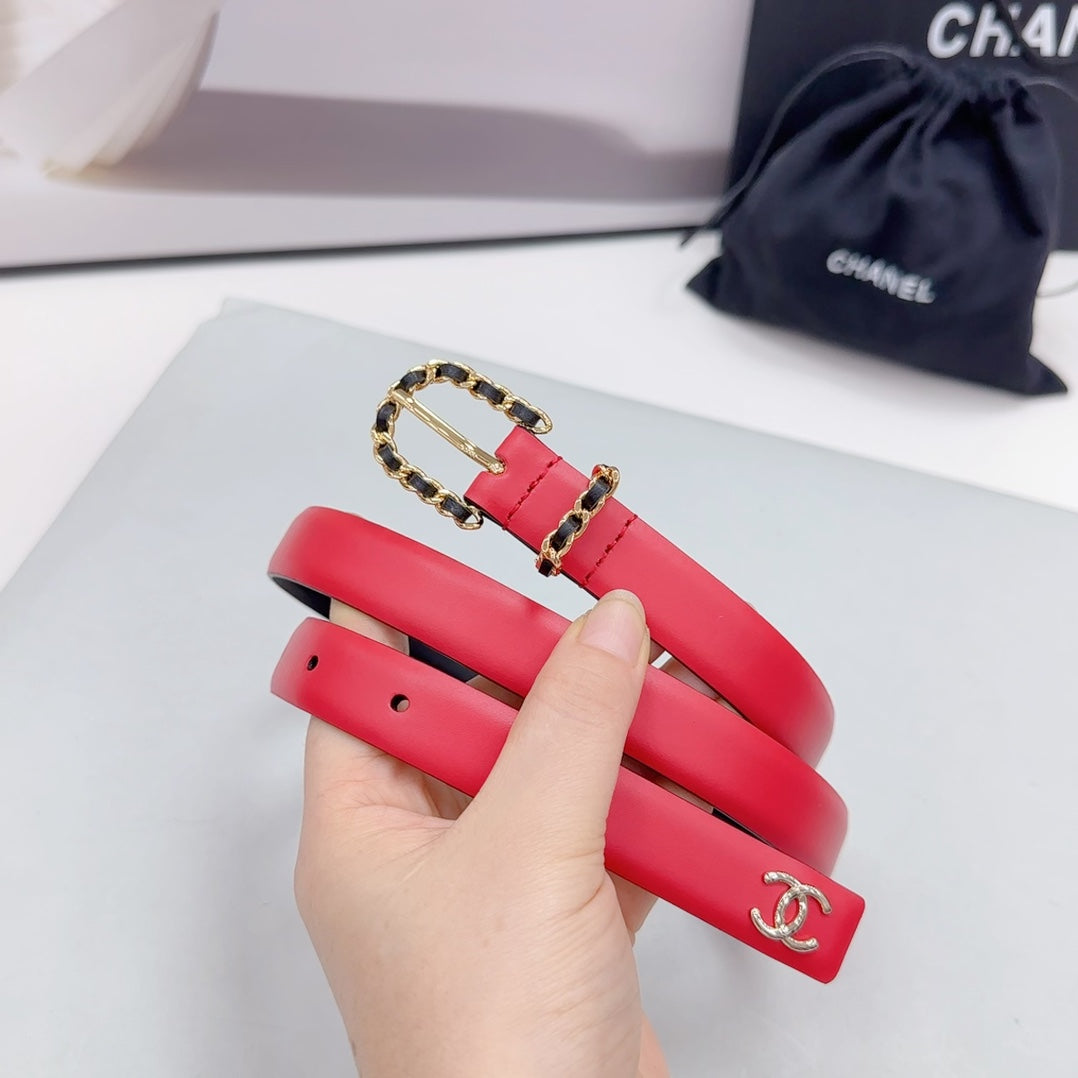 CC BELT 20 MM IN CHERRY RED MIX BLACK CALFSKIN GOLD HARDWARE
