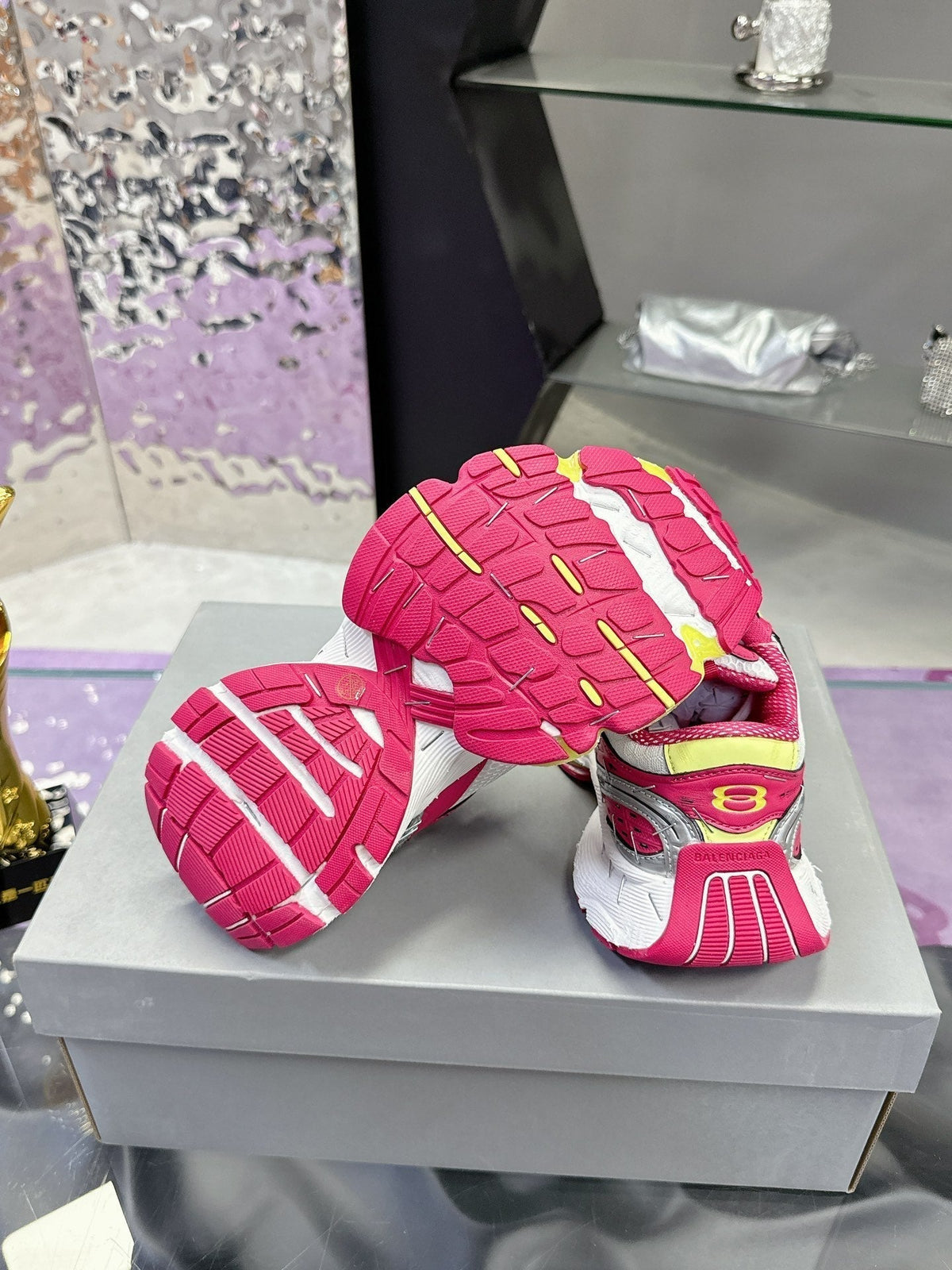 STAPLER SNEAKER IN WHITE, PINK, NEON YELLOW AND SILVER POLYURETHANE AND POLYESTER