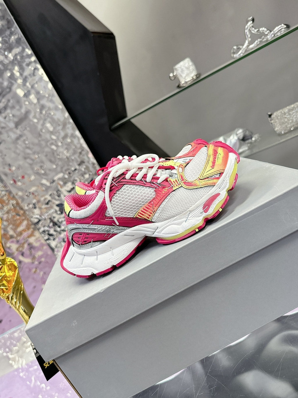 STAPLER SNEAKER IN WHITE, PINK, NEON YELLOW AND SILVER POLYURETHANE AND POLYESTER
