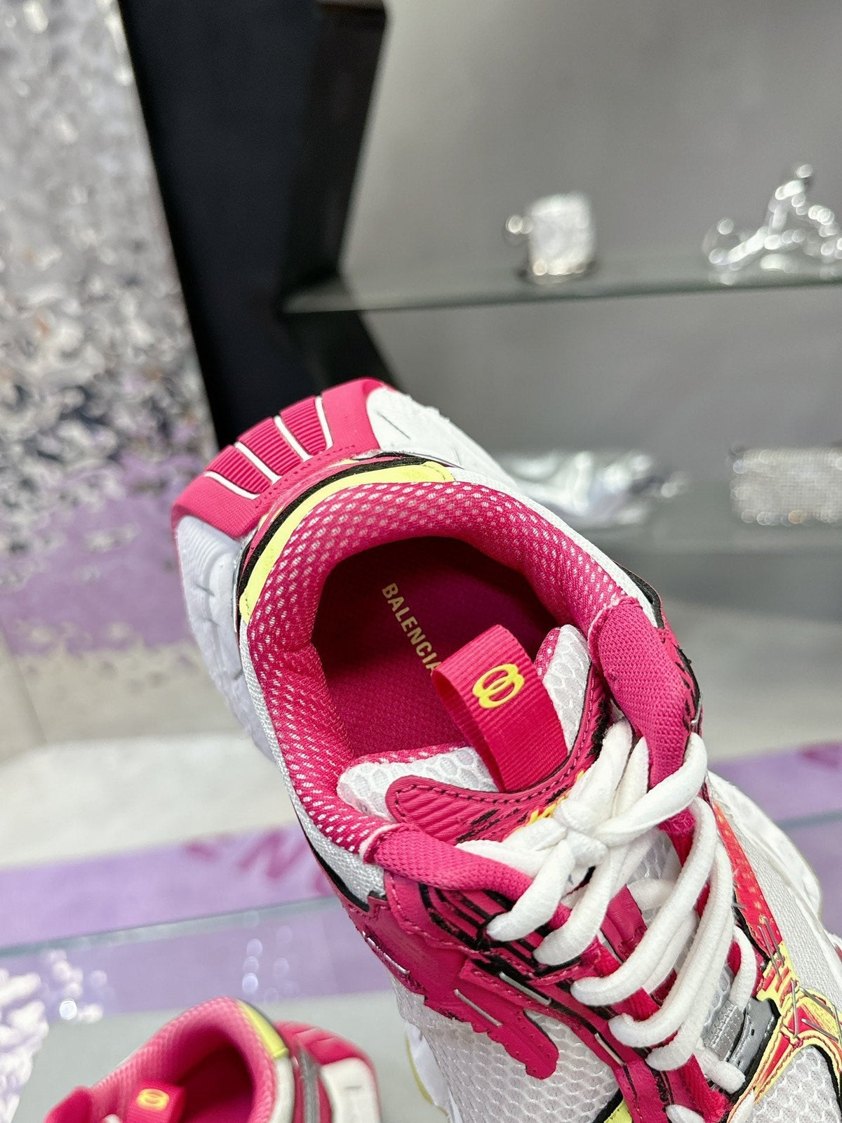 STAPLER SNEAKER IN WHITE, PINK, NEON YELLOW AND SILVER POLYURETHANE AND POLYESTER
