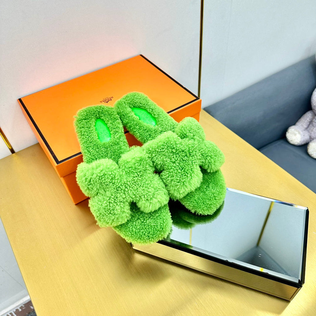 0RAN SHEARLING SANDALS CHARTREUSE GREEN