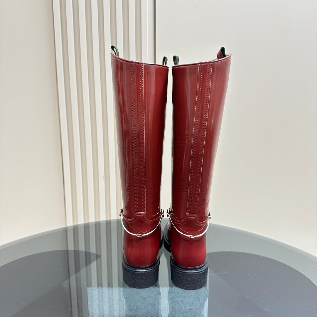 SLIM HORSEBIT KNEE BOOTS WITH WEB IN RED GLOSSY CALFSKIN