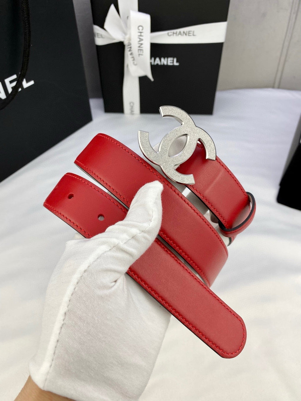 DOUBLE C BELT 30MM IN RED CALFSKIN METAL BUCKLE