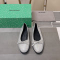RHINESTONE BALLET FLATS WITH BOW IN METALLIC SILVER SHEEPSKIN