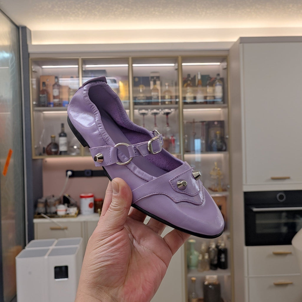 STUDDED MARY JANE FLATS IN LAVENDER SHINY LAMBSKIN