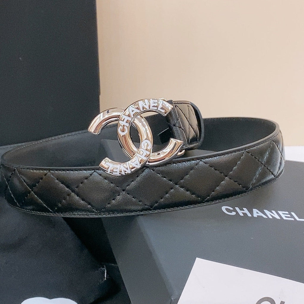 DOUBLE C BELT 30MM IN BLACK QUILTED LAMBSKIN WITH SILVER RESIN BUCKLE EMBOSSED LOGO
