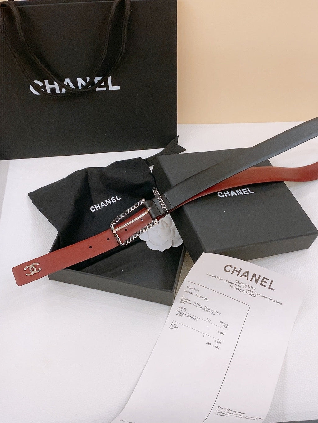 BELT 30MM IN BLACK AND RED CALFSKIN WITH INTERWOVEN SILVER CHAIN BUCKLE